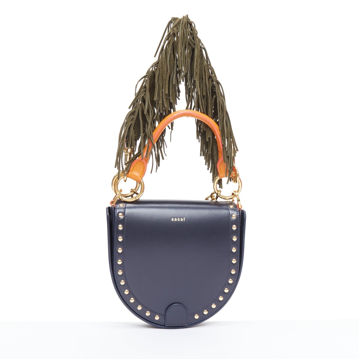 SACAI Horseshoe navy orange fringe leather colorblock saddle bag 