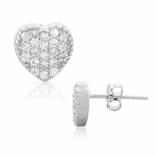 .925 Sterling Silver White Crystals CZ Love Heart Womens Girls Stud Earrings