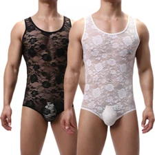 Mens Sheer Lace Floral Bodysuit Underwear Vest Sexy Nightwear Panties Leotard UK