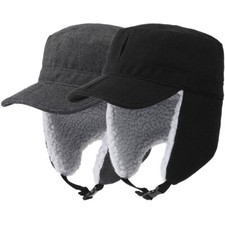 Mens Fleece Warmes Hat Earflaps Winter Cold Weather Hat with Visor Military Cap