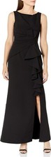 ELIZA J Black Cascade Ruffle Pleated Front Bow V-Back Hi-Slit Maxi Gown Dress 4