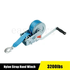 3200LBS Hand Winch Hand Crank 2 Gear Polyester Strap ATV Trailer Boat Heavy Duty