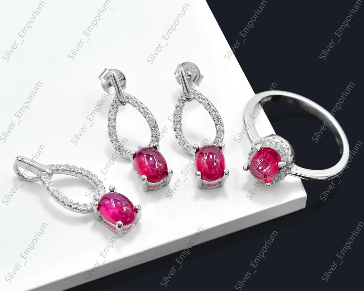Natural Ruby Cabochon Gems 925 Sterling Silver Ring Earring