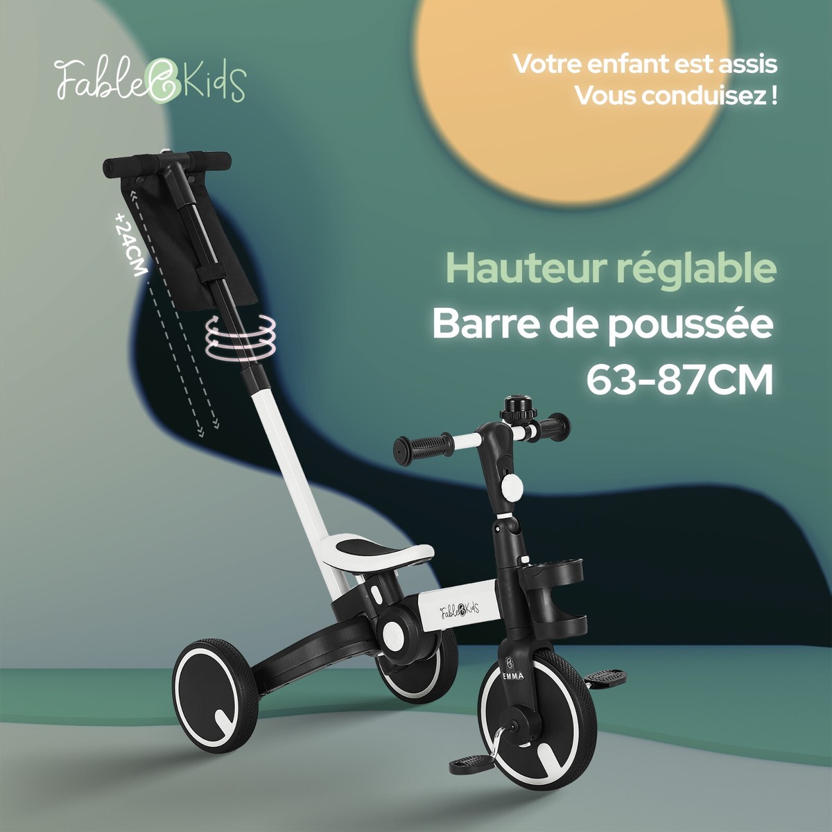 Tricycle évolutif FableKids 7 En 1 – Enfant 1.5 à 4 Ans, Rose, Guidon Pliable, Barre Poussée