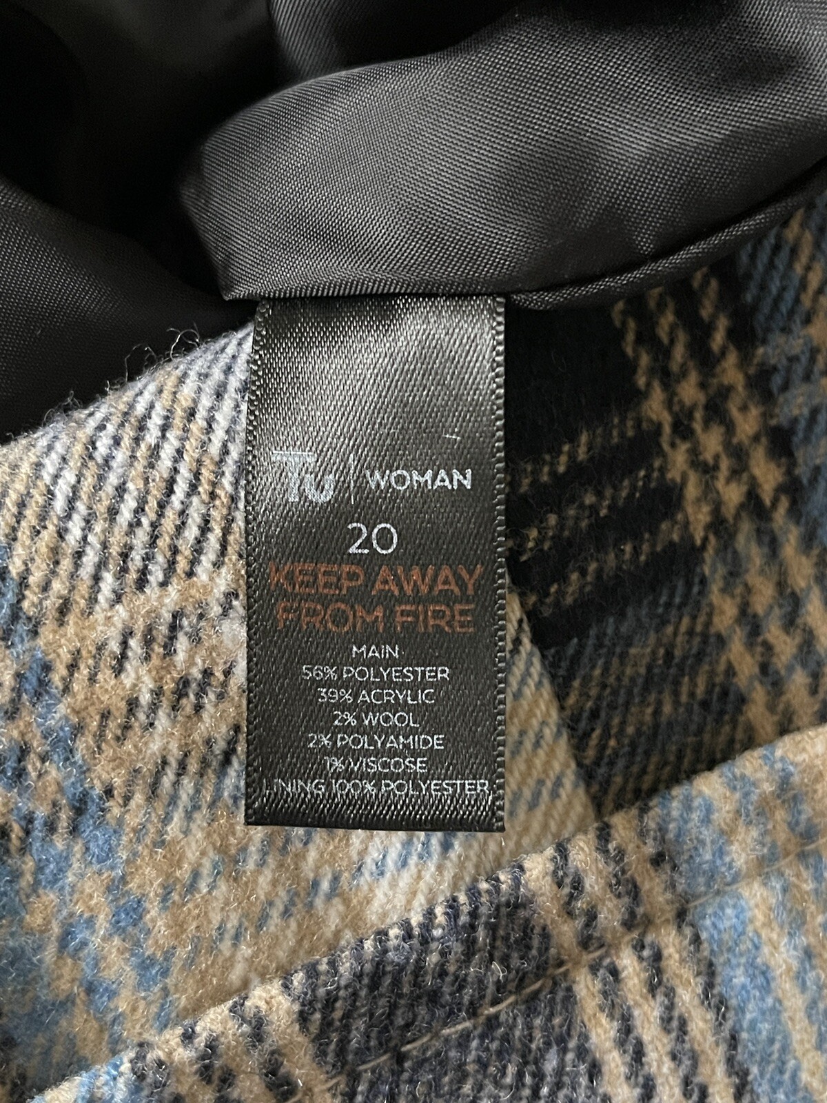 Tu Size 20 Wool Mix Hooded Coat Blue Navy Beige  Check Warm Winter Jacket image 9