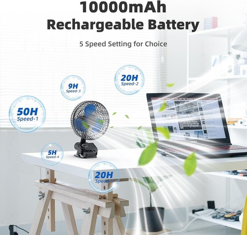 4-in-1 USB Rechargeable Fan - 8-Inch Clip, 10000mAh, 5 Speeds, 45°/90° Rotation - Picture 4 of 9