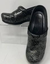Dansko Size 39 Womens US Size 8 Black & Silver Patent Leather Loafer Clogs Shoes