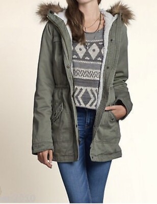 Hollister Jack Creek Twill Parka Large Olive Faux Fur Trim Hoodie