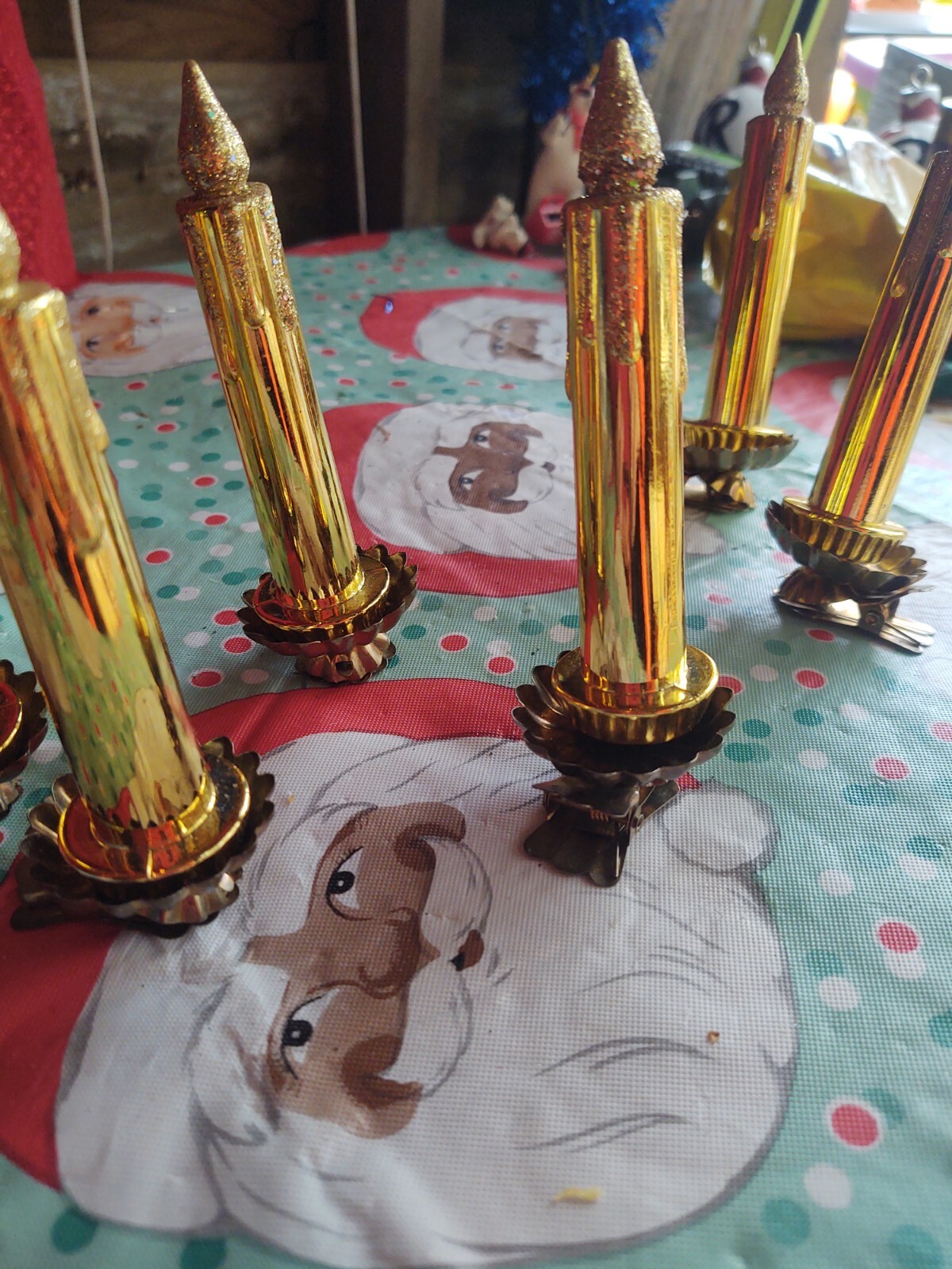 Set Of 6 Vintage Gold Plastic Clip On Candles Christmas Tree Ornaments