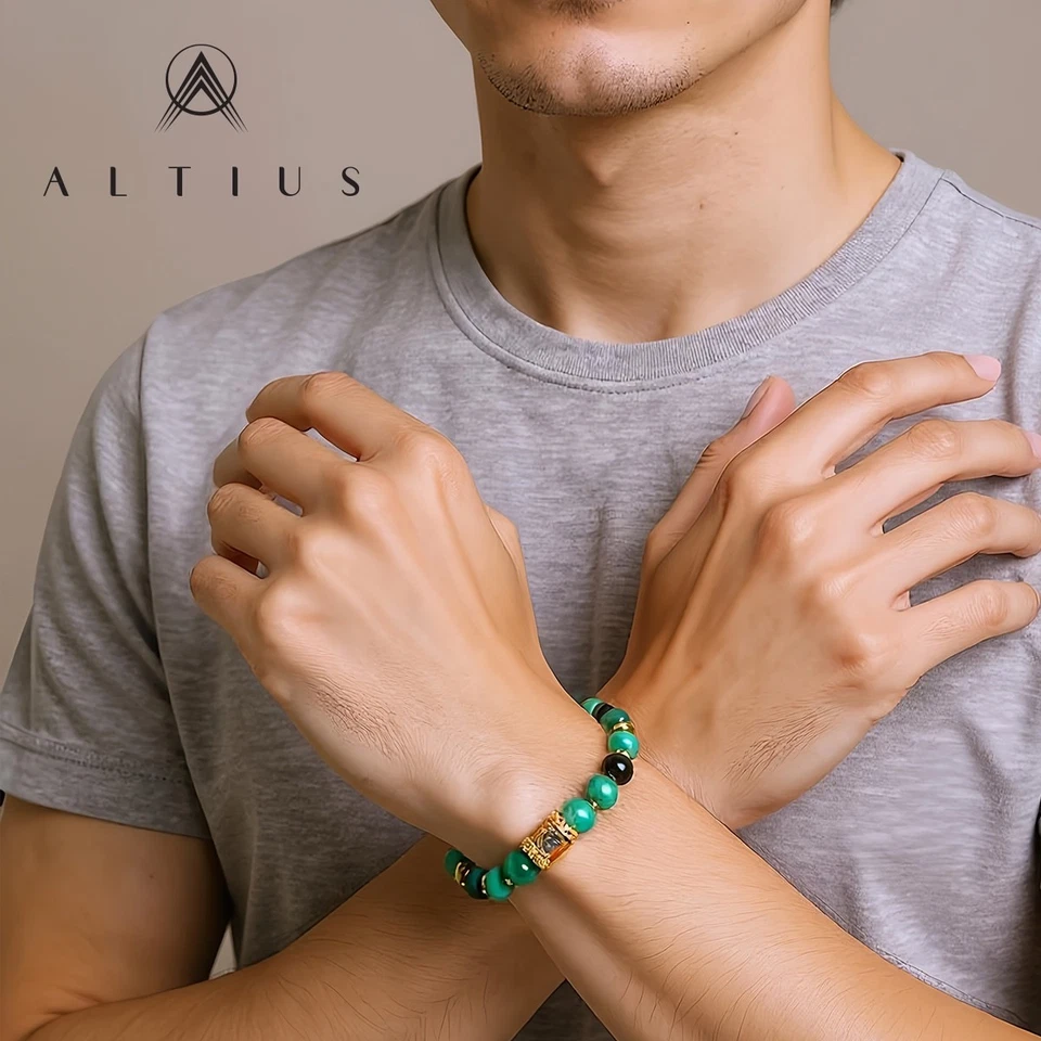 The Mountain King - Malaquita y obsidiana brillo dorado | Joyería de piedra natural Foto 2 de 4