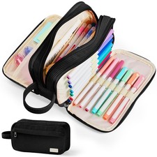 High Capacity Pencil Case Soft Corduroy Pouch 4 Compartments Zipper Black