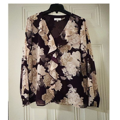 Calvin Klein Purple Plum Floral Chiffon Ruffle Blouse M