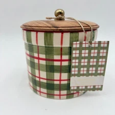 Plaid Ceramic Medium Canister Jar Wooden Lid Gold Knob Kitchen Storage Festive