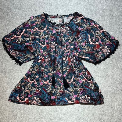 Laura Torelli Collection Paisley Tunic Top Blue Pink Boho Tassel Pom Pom Small