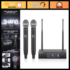 Dual Channel Wireless Microphone System, 260ft Range, UHF Dynamic Mics for Karao