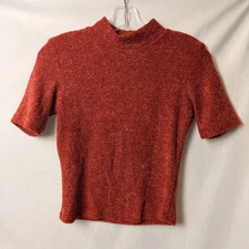 Burnt Orange Mock Neck T Shirt, Chenille Textured Material, S