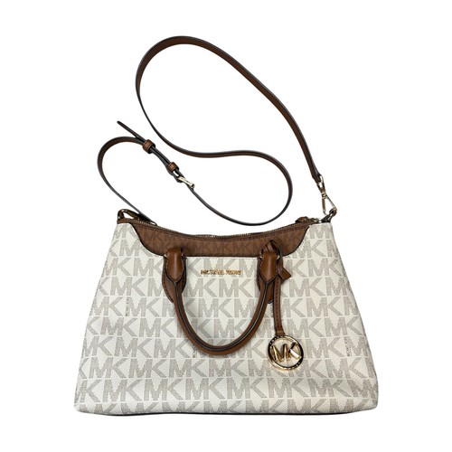 Michael Kors Austen Satchel Handbag Small Signature Logo Print Vanilla Brown