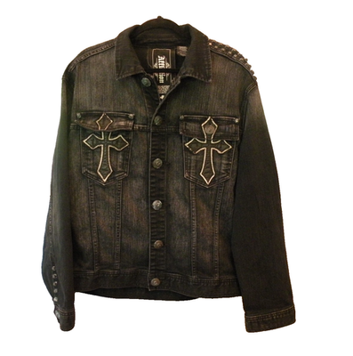 Affliction Black Denim Jacket with White Leather Skull Size L, Y2K 