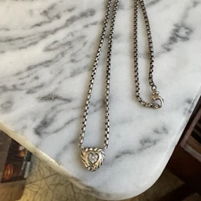 David Yurman Diamond Heart Necklace Sterling Silver 18k Gold Box Chain