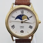 Vtg Timex Moon Phase Watch Unisex Gold Tone 32mm Leather Band 1991 New Battery