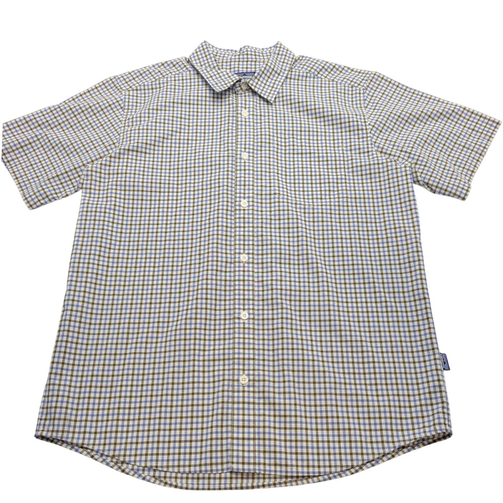 Patagonia Button Down Shirt Mens Medium Blue Brown Plaid Short Sleeve