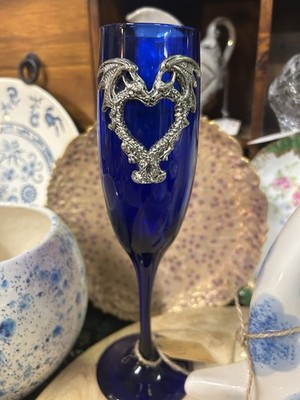 One Libby s Cobalt Blue Champagne Glass With Pewter Dragon.