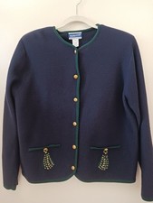 Pendleton Vtg Merino Wool Cardigan w Embroidered Tassels Sz L 42 Blue Green Pre