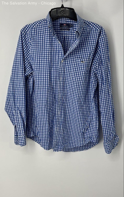 Vineyard Vines Mens Blue White Gingham Classic Fit Tucker Button-Up Shirt Size M