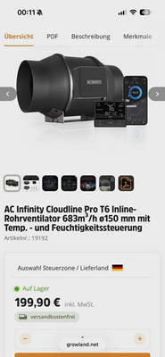 AC Infinity Cloudline Pro T6 Ø150 mm Temp-/Feuchtigkeitssteuerung inc.controller