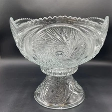 LE Smith Pressed Glass Punch Bowl Aztec Glass with Base Sawtooth Edge 13"