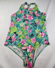 Lands End Jr Girls Size 14 Plus Onepiece Swimsuit Green Floral Swimwear