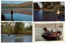 LOT OF 4 ~ sport fishing ~ fly fishermen ~ 1 artist signed ~ postcards sku679