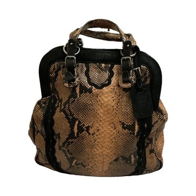 Anna Sui Snake Print Satchel Top Handle Brown/Black Purple Lining Zip Pockets