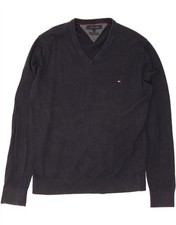 TOMMY HILFIGER Mens V-Neck Jumper Sweater Large Navy Blue Cotton CU51