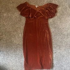 Unique Vintage Sophia Wiggle Dress L Burnt Orange Velvet Off Shoulder Ruffle 