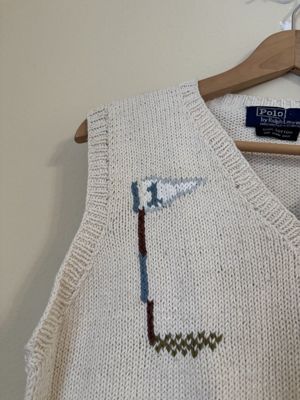 Polo Ralph Lauren Hand Knit V Neck Golf Sweater Vintage Beige Medium image 3