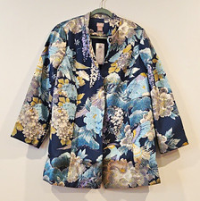 Chico's Blue Floral Mid-Length Jacket Relaxed Fit Lined Button Front Size 2