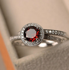 Natural garnet ring set Round shape 92.5 solid silver January birthstone for her