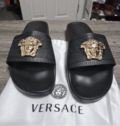 Versace Men's Size 11 sandals Black Gold Medusa Palazzo Slides Flip Flops