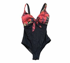Vintage One Piece Swimsuit Tie Front Floral Scoop Back Vneck Pin Up Pleated Red