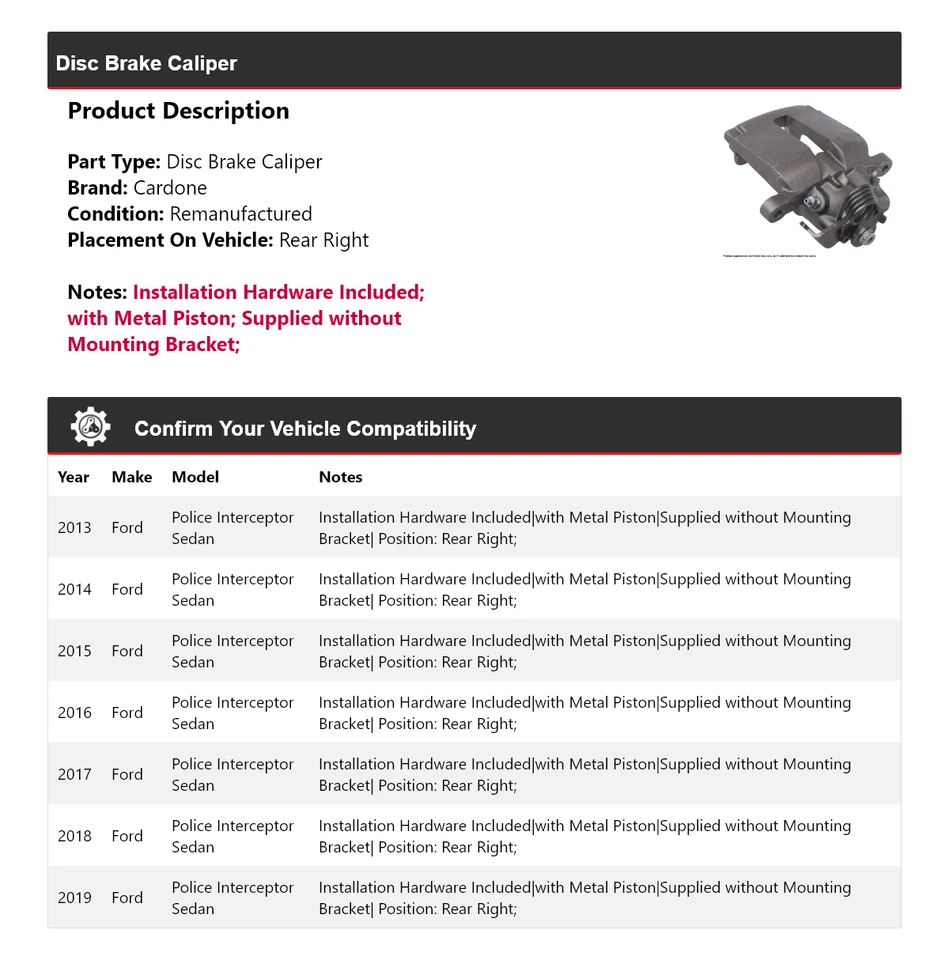 Pinza de freno de disco derecha Cardone para Ford Police Interceptor 2013-2019 sedán Foto 2 de 4