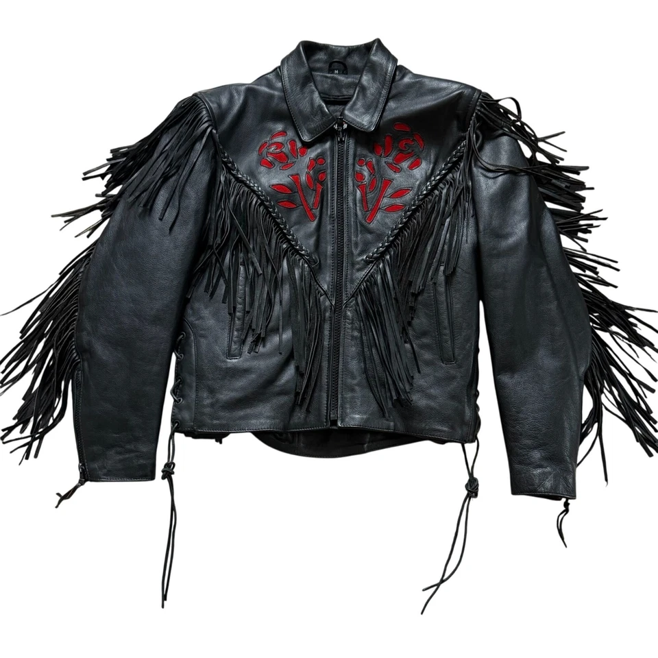 Chaqueta de motocicleta de cuero interestatal de colección con flecos rosas para mujer talla mediana negra Foto 3 de 4