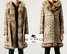 New Etro Jacquard Detachable Fur Rabbit Lining Raccoon Hooded Beige Coat 44 - 8
