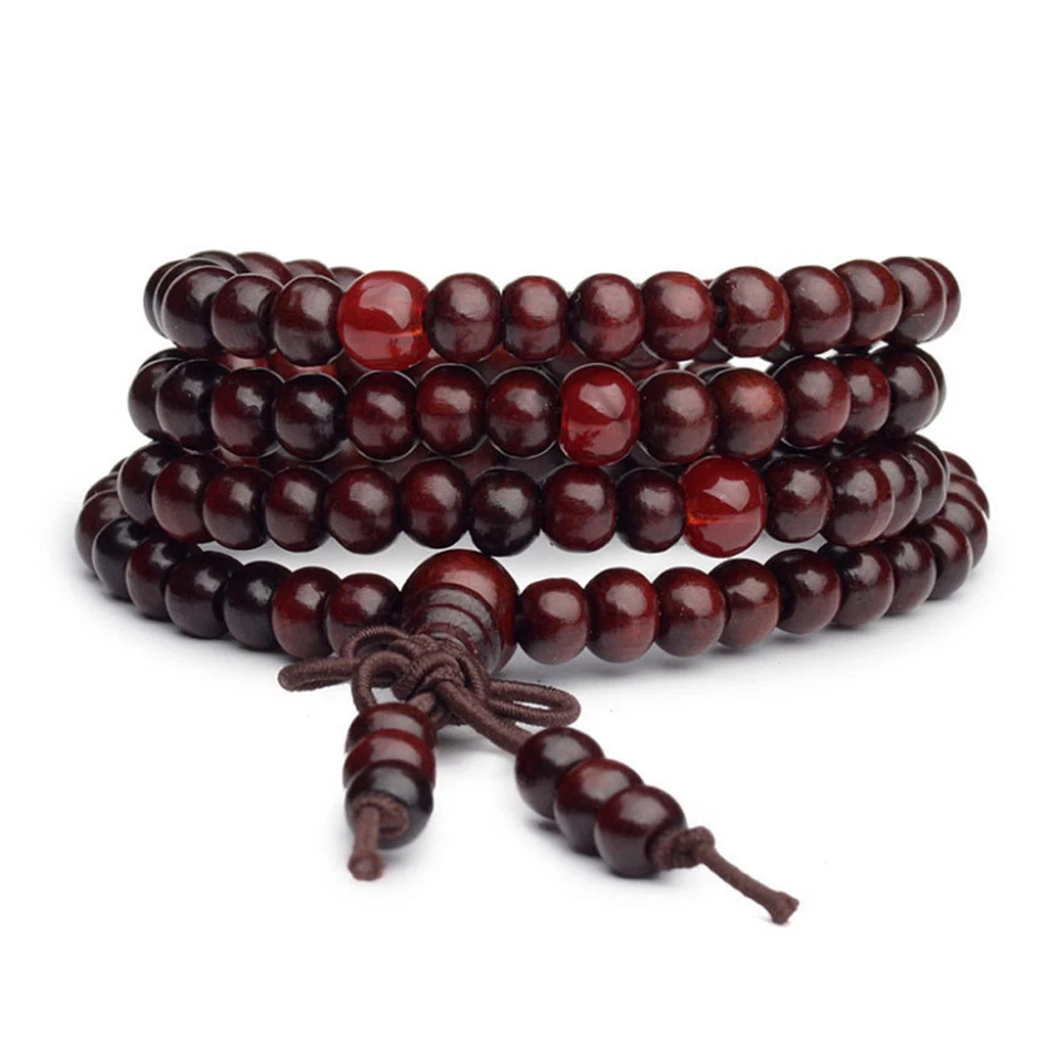 Mala bracelet bois de santal bouddha 108 perles bois prière perles rouge - Photo 1/2