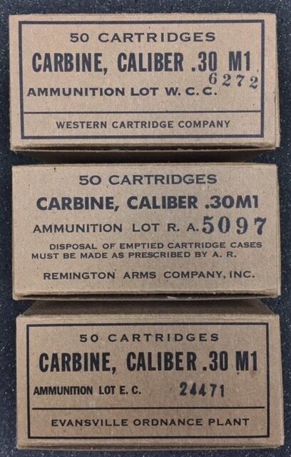 M1 CARBINE WWII NEW REPLICA 50 ROUND AMMO BOX- SET B WITH RA, WCC, & EC  LABELS