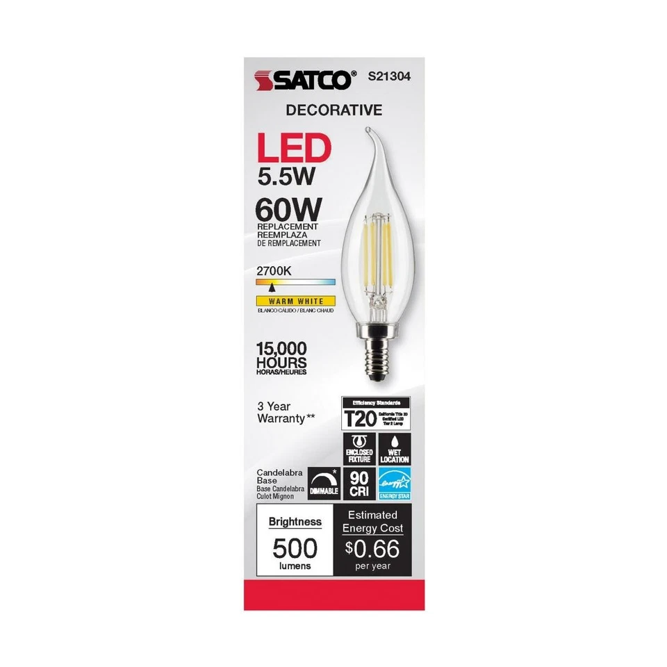 Satco S21304 - 5.5 Watt CA10 LED E12 Clear Bulbs - 2700K (2, 6 or 24 Pack) - Image 2 of 4