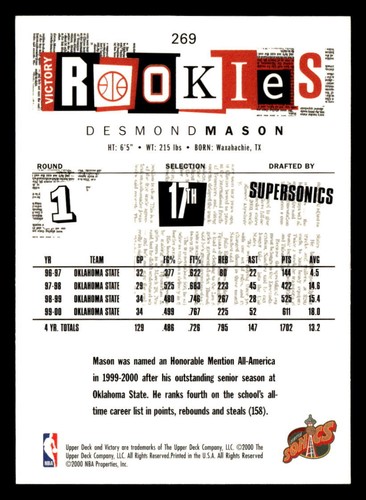 2000 Upper Deck Victory #269 Desmond Mason RC - Picture 2 of 2