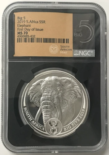 2019 South Africa 1oz .999 Silver 5 Rand - The Big Five - Elephant FDOI NGC MS70