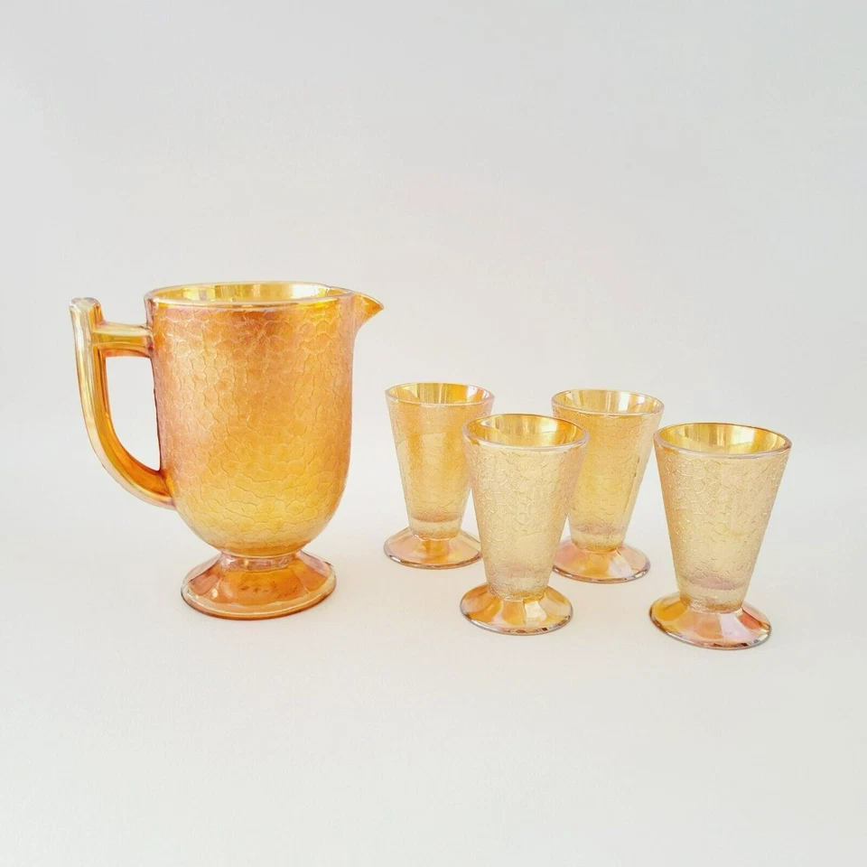 Juego de jarra y vasos de vidrio Jeannette Caléndula Carnaval: vidrio craquelado c. 1930s Foto 2 de 4