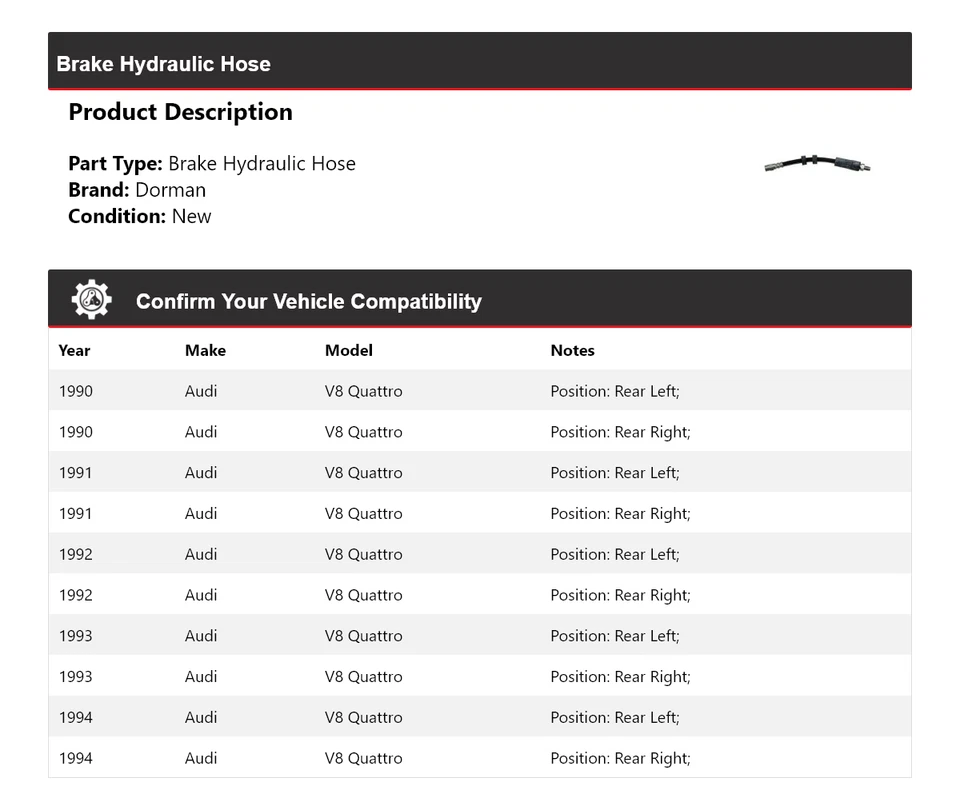Manguera hidráulica de freno para Audi V8 Quattro Dorman 1990-1994 1991 1992 1993 Foto 2 de 4